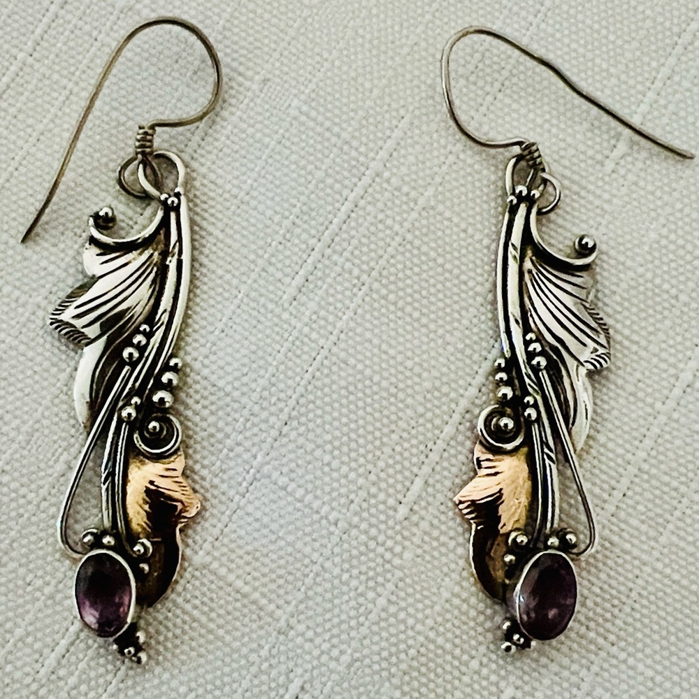Elegant Sterling Silver and Gold Leaf Earrings - Picture 9 of 10